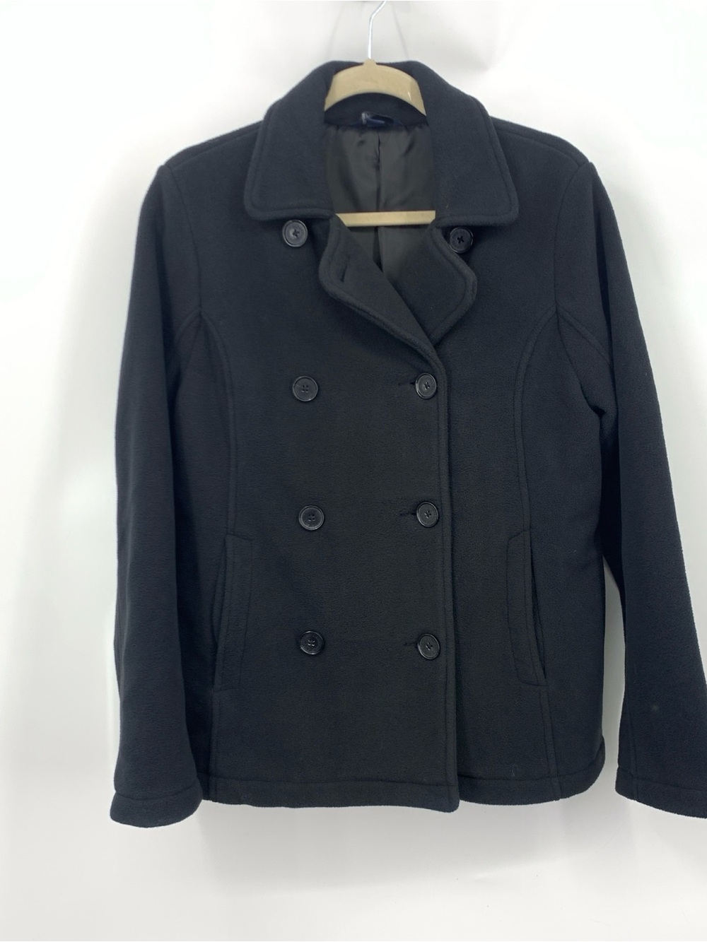 Lands End Women Size Medium 10 12 Jacket Black Fleece Lined Button Pea Coat